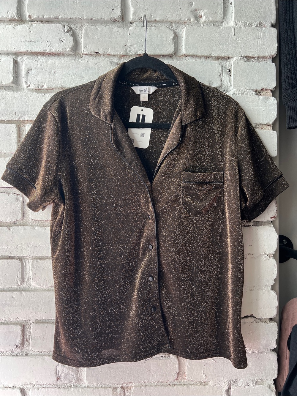Nicole miller metallic thread button down Brown Sparkle Short-Sleeve Shirt